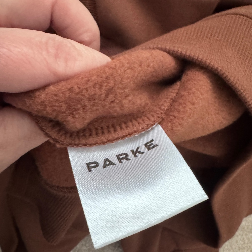 NWT Parke Fleece Varsity Turtleneck Sweatshirt  in Mocha + White L/XL - Picture 8 of 9